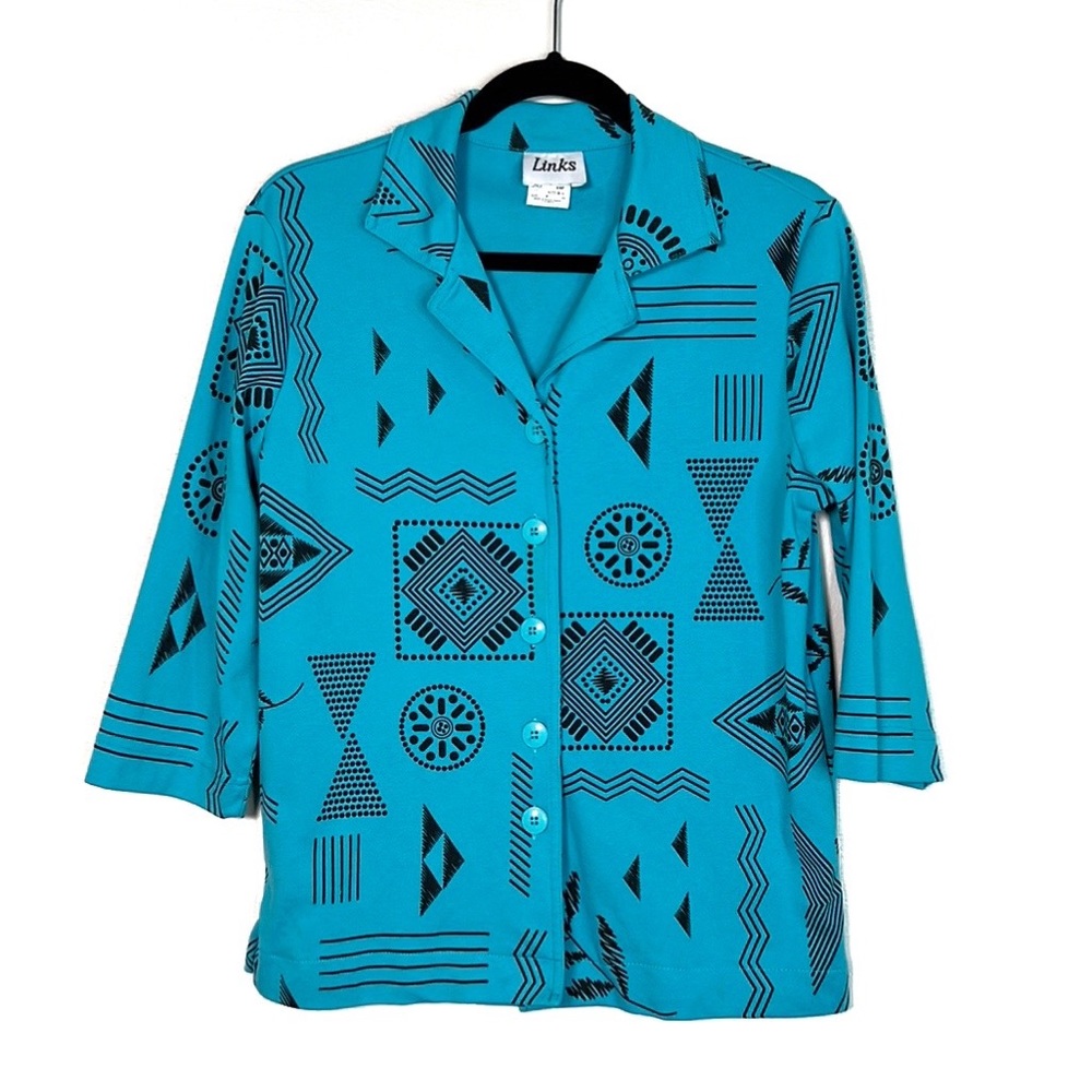 LINKS Whimsical Geometric Teal and Black Button Up 3/4 Sleeve Top size Small